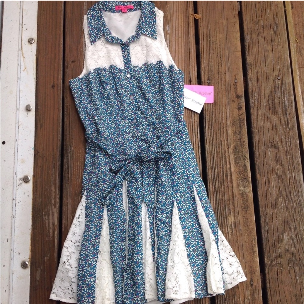 Betsey Johnson Daisy Floral Lace Sleeveless Flare Dress 6 Pleated Blue Pink NEW